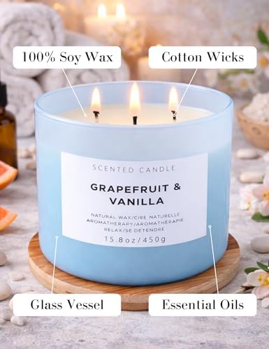 Vela Aromática de Pomelo y Vainilla de 3 Mechas | Vela Grande de 15.8 oz para el Hogar | Regalo de Vela de Lujo con Aroma a Cítricos y Vainilla - imagen 4