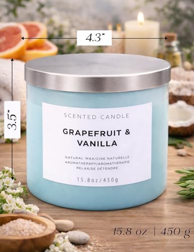 Vela Aromática de Pomelo y Vainilla de 3 Mechas | Vela Grande de 15.8 oz para el Hogar | Regalo de Vela de Lujo con Aroma a Cítricos y Vainilla - imagen 5