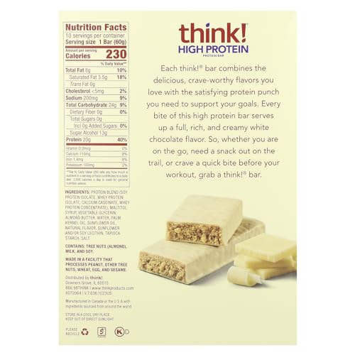 Think ! Barras Altas en Proteína, Chocolate Blanco, 10 Barras de 2.1 oz (60 g) Cada Una - imagen 2