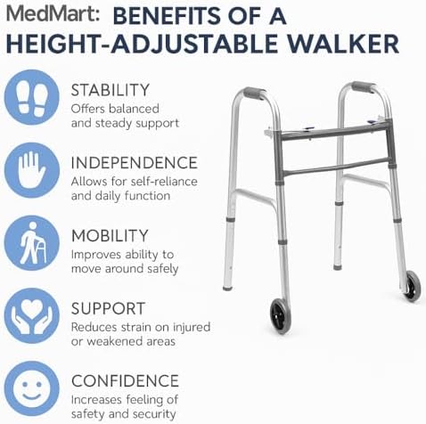Andador Plegable de Aluminio Med Mart con Ruedas Frontales de 5 Pulgadas, Altura Ajustable - Ayuda de Movilidad con Soporte Mejorado - imagen 2