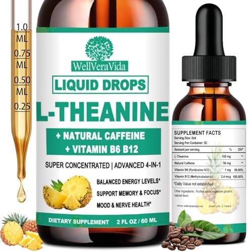 WellVeraVida Gotas Líquidas de L Teanina con Cafeína, Alta Potencia 100mg, Vitamina B12 y B6, Nootrópico Natural para Energía y Enfoque, 6X Más - imagen 1