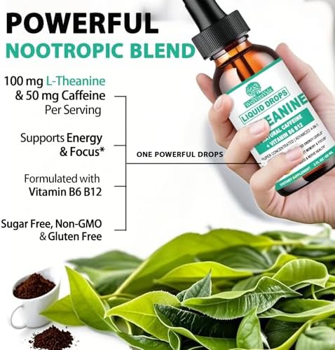WellVeraVida Gotas Líquidas de L Teanina con Cafeína, Alta Potencia 100mg, Vitamina B12 y B6, Nootrópico Natural para Energía y Enfoque, 6X Más - imagen 2