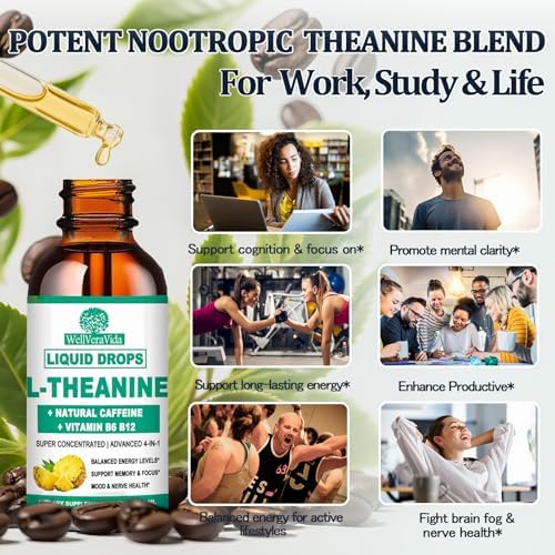 WellVeraVida Gotas Líquidas de L Teanina con Cafeína, Alta Potencia 100mg, Vitamina B12 y B6, Nootrópico Natural para Energía y Enfoque, 6X Más - imagen 3