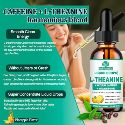 WellVeraVida Gotas Líquidas de L Teanina con Cafeína, Alta Potencia 100mg, Vitamina B12 y B6, Nootrópico Natural para Energía y Enfoque, 6X Más - imagen 6