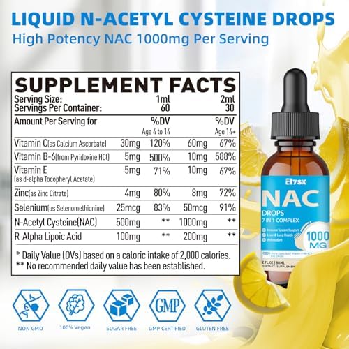 Gotas de NAC Líquido 1000MG, Suplemento de N-Acetil Cisteína con Ácido Alfa Lipoico para Adultos y Niños, Apoyo Inmunológico y Antioxidante, Sabor - imagen 2