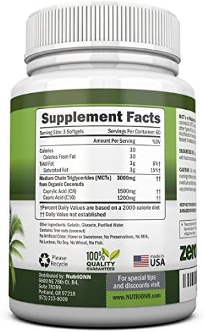 Aceite MCT NutriONN - 3000mg por porción - 180 cápsulas blandas - Hecho de 100% cocos orgánicos - No GMO, prensado en frío, apto para Paleo - Ideal - imagen 2
