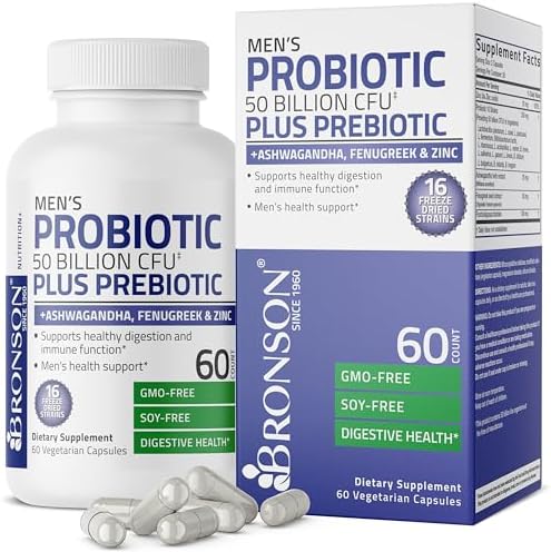 Bronson Probiótico Masculino 50 Mil Millones CFU con Prebiótico, Ashwagandha, Fenogreco y Zinc, 60 Cápsulas Vegetarianas, Apoya Digestión y Función - imagen 1