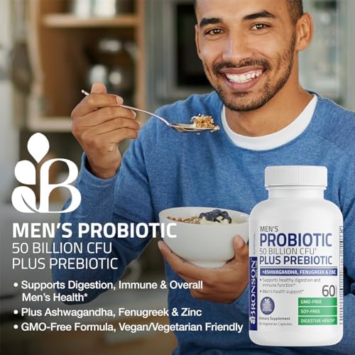 Bronson Probiótico Masculino 50 Mil Millones CFU con Prebiótico, Ashwagandha, Fenogreco y Zinc, 60 Cápsulas Vegetarianas, Apoya Digestión y Función - imagen 4