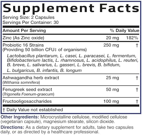 Bronson Probiótico Masculino 50 Mil Millones CFU con Prebiótico, Ashwagandha, Fenogreco y Zinc, 60 Cápsulas Vegetarianas, Apoya Digestión y Función - imagen 8