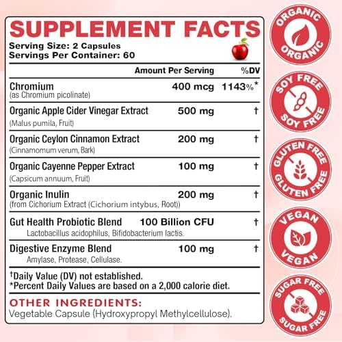 Cápsulas de Vinagre de Manzana Yerhove con Madre, Suplementos de ACV con Pimienta de Cayena Orgánica y Canela de Ceilán, Inulina, Probióticos, 120 Ct - imagen 2