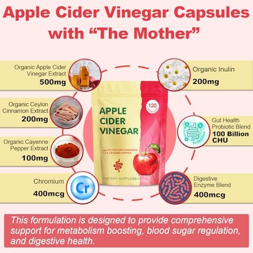 Cápsulas de Vinagre de Manzana Yerhove con Madre, Suplementos de ACV con Pimienta de Cayena Orgánica y Canela de Ceilán, Inulina, Probióticos, 120 Ct - imagen 6