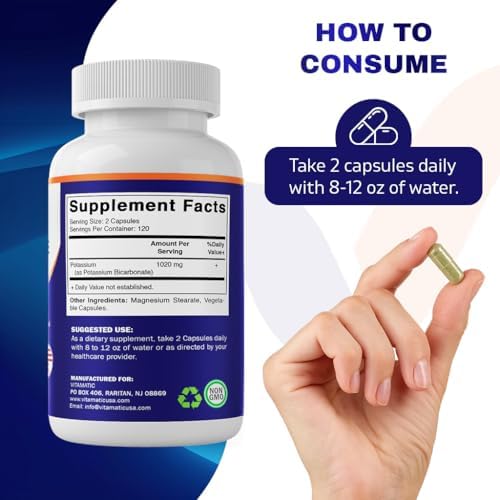 Suplemento de Bicarbonato de Potasio Vitamatic, 1020 mg, 240 Cápsulas Vegetales - Sin OGM - Libre de Gluten - Hecho en EE. UU. - imagen 4