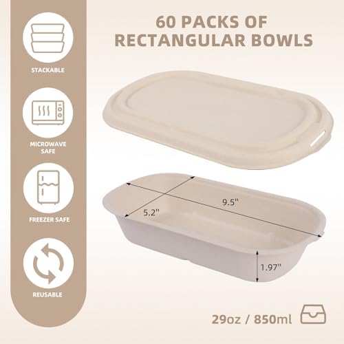 Contenedores Desechables Wonmain 60 Pcs (29 oz) para Comida, Ensaladas y Sándwiches, Biodegradables y Compostables, A Prueba de Microondas y - imagen 2