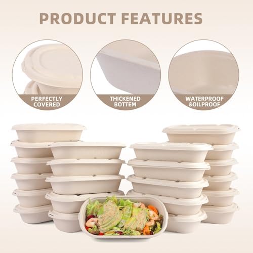 Contenedores Desechables Wonmain 60 Pcs (29 oz) para Comida, Ensaladas y Sándwiches, Biodegradables y Compostables, A Prueba de Microondas y - imagen 5