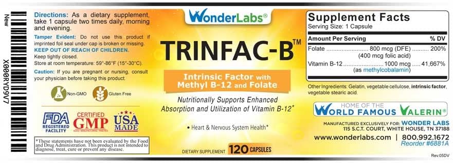 Factor Intrínseco de Wonder Laboratories con Ácido Fólico y Vitamina B-12 1000 mcg - 120 Cápsulas - imagen 4
