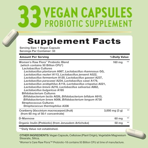 Probióticos Raw Flora para Mujeres | 50 Mil Millones de CFU | 33 Cápsulas | Con Arándano y D-Mannosa | Suplemento Vegano, Sin OGM y Sin Gluten - imagen 2
