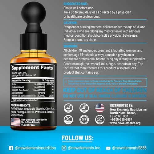 Biotina Líquida para el Crecimiento del Cabello 10000mcg | Suplementos de Biotina y Colágeno con Saw Palmetto y Ácido Hialurónico | Gotas de Biotina - imagen 3