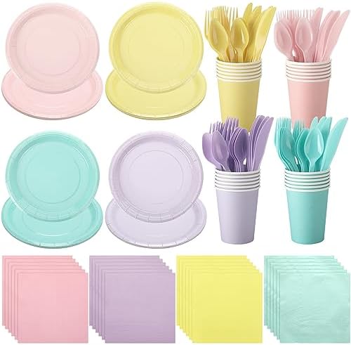 Set desechable de vajilla Mifoci de 96 piezas en colores pastel: platos, vasos, servilletas, cubiertos de plástico para fiestas, bodas y baby showers. - imagen 1