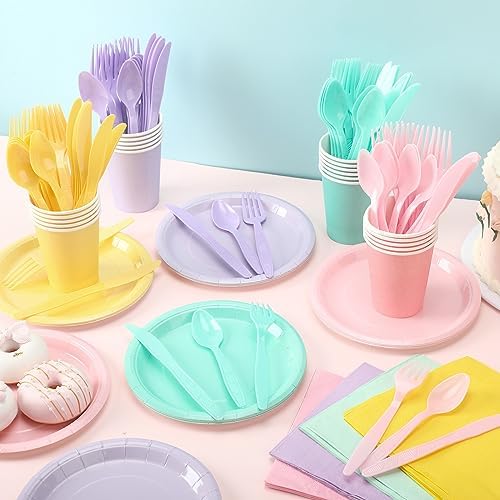 Set desechable de vajilla Mifoci de 96 piezas en colores pastel: platos, vasos, servilletas, cubiertos de plástico para fiestas, bodas y baby showers. - imagen 3