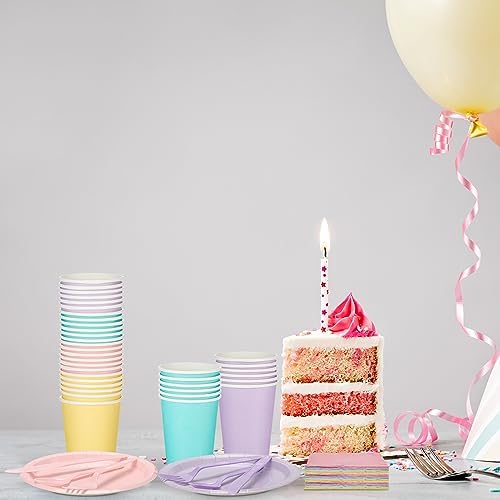 Set desechable de vajilla Mifoci de 96 piezas en colores pastel: platos, vasos, servilletas, cubiertos de plástico para fiestas, bodas y baby showers. - imagen 6