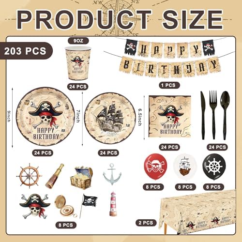 Juego de Suministros para Fiesta de Cumpleaños Pirata de 203 Piezas: Platos, Servilletas, Vasos, Manteles, Decoraciones y Más para 24 Invitados - imagen 2