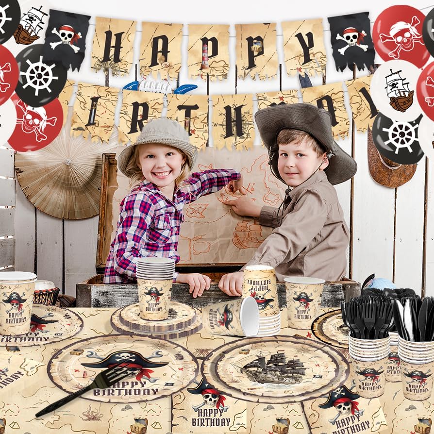 Juego de Suministros para Fiesta de Cumpleaños Pirata de 203 Piezas: Platos, Servilletas, Vasos, Manteles, Decoraciones y Más para 24 Invitados - imagen 4