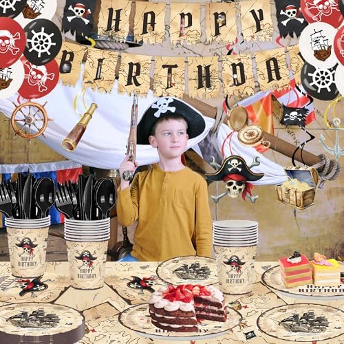 Juego de Suministros para Fiesta de Cumpleaños Pirata de 203 Piezas: Platos, Servilletas, Vasos, Manteles, Decoraciones y Más para 24 Invitados - imagen 6