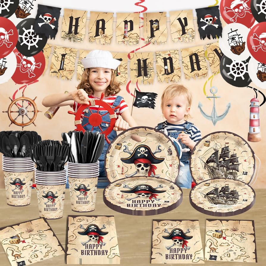 Juego de Suministros para Fiesta de Cumpleaños Pirata de 203 Piezas: Platos, Servilletas, Vasos, Manteles, Decoraciones y Más para 24 Invitados - imagen 7