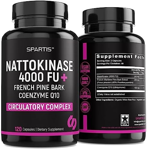 Suplemento de Nattokinasa SPARTIS 4000 FU con CoQ10 100mg y Extracto de Pino Marítimo Francés 200mg para Soporte Circulatorio y Cardiovascular (120 - imagen 1