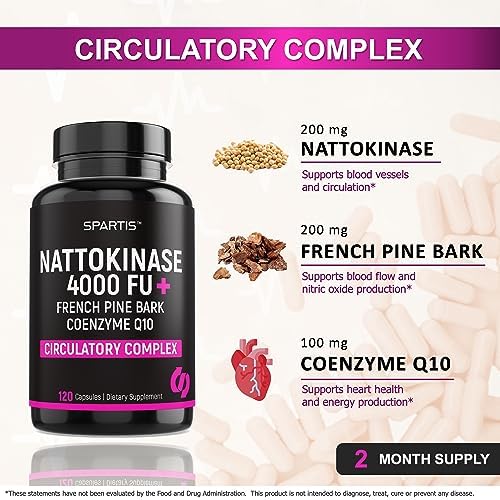 Suplemento de Nattokinasa SPARTIS 4000 FU con CoQ10 100mg y Extracto de Pino Marítimo Francés 200mg para Soporte Circulatorio y Cardiovascular (120 - imagen 3