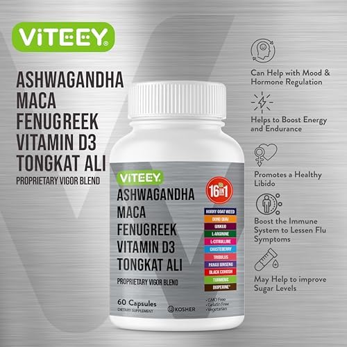 Suplemento Viteey de Ashwagandha, Maca y Fenogreco con Tongkat Ali – Apoyo a la Energía, Pasión y Ánimo para Hombres y Mujeres – 60 Cápsulas - imagen 4