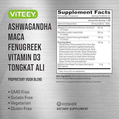 Suplemento Viteey de Ashwagandha, Maca y Fenogreco con Tongkat Ali – Apoyo a la Energía, Pasión y Ánimo para Hombres y Mujeres – 60 Cápsulas - imagen 5