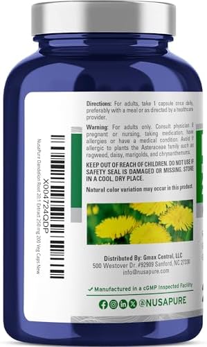 NusaPure Raíz de Diente de León, 250 mg, 200 Cápsulas Veganas (Sin OGM, Veganas) - imagen 3