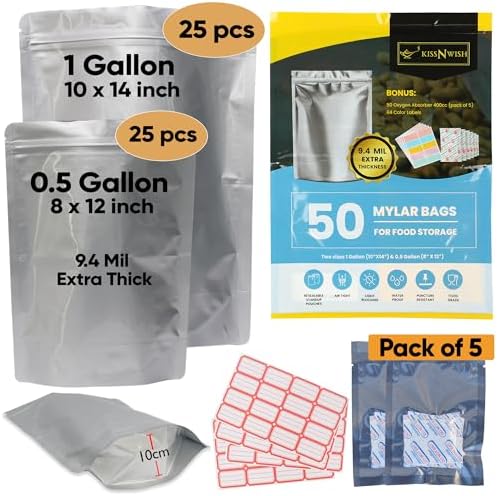 50 Bolsas Mylar para Almacenamiento de Alimentos - Bolsas de 0.5 y 1 Galón con Absorbentes de Oxígeno 400cc - 9.4 Mil Extra Gruesas, Reutilizables - imagen 1