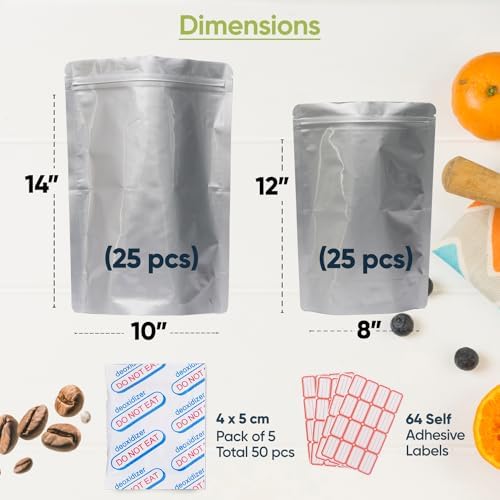 50 Bolsas Mylar para Almacenamiento de Alimentos - Bolsas de 0.5 y 1 Galón con Absorbentes de Oxígeno 400cc - 9.4 Mil Extra Gruesas, Reutilizables - imagen 2