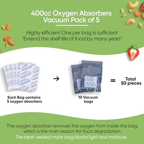 50 Bolsas Mylar para Almacenamiento de Alimentos - Bolsas de 0.5 y 1 Galón con Absorbentes de Oxígeno 400cc - 9.4 Mil Extra Gruesas, Reutilizables - imagen 5