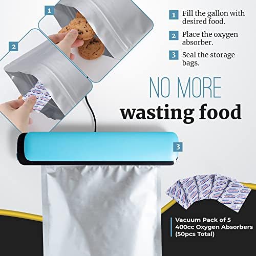 50 Bolsas Mylar para Almacenamiento de Alimentos - Bolsas de 0.5 y 1 Galón con Absorbentes de Oxígeno 400cc - 9.4 Mil Extra Gruesas, Reutilizables - imagen 8