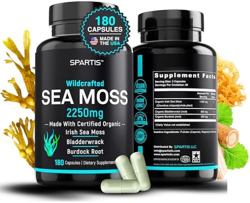 Cápsulas de Musgo Marino Orgánico Certificado SPARTIS 2250mg con Raíz de Bardana y Bladderwrack - Suplemento de Musgo Irlandés (180 Cápsulas) - imagen 1