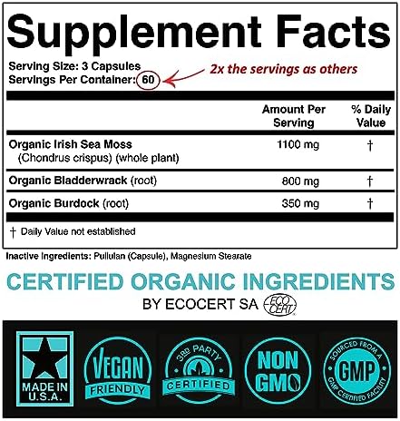 Cápsulas de Musgo Marino Orgánico Certificado SPARTIS 2250mg con Raíz de Bardana y Bladderwrack - Suplemento de Musgo Irlandés (180 Cápsulas) - imagen 2
