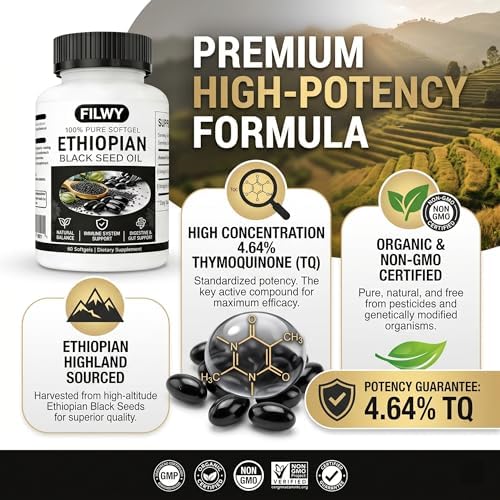 Cápsulas de Aceite de Semilla Negra Etíope FILWY con 4.64% de Timoquinona, Apoyo Inmunológico, Digestión y Energía, 60 Softgels, Sin OGM, Sin Gluten - imagen 2