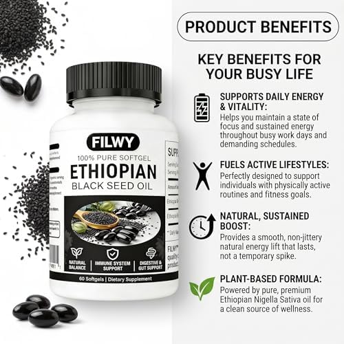 Cápsulas de Aceite de Semilla Negra Etíope FILWY con 4.64% de Timoquinona, Apoyo Inmunológico, Digestión y Energía, 60 Softgels, Sin OGM, Sin Gluten - imagen 5
