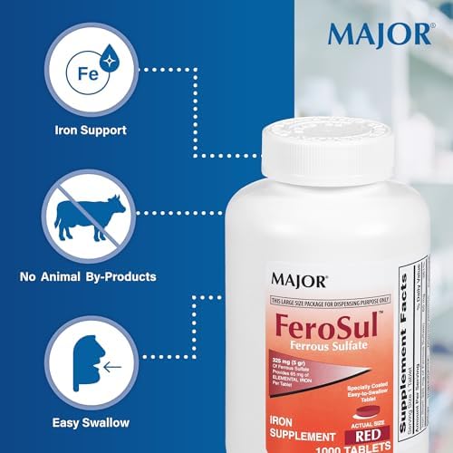 Major FeroSul - Tabletas de Sulfato Ferroso 325 mg - Suplemento de Hierro para Hombres y Mujeres - Fáciles de Tragar - Rojo - 1000 Tabletas - imagen 3