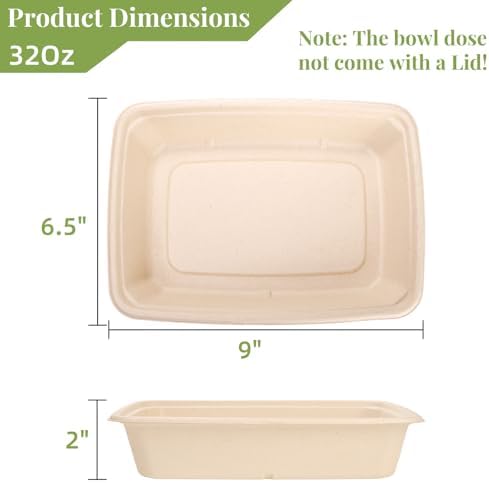Eorbow 100 Piezas de Tazones Rectangulares de Papel de 32 oz, Tazón Desechable Grande de 9, Plato de Bagazo para Comida Escolar y Catering, Ideal - imagen 2