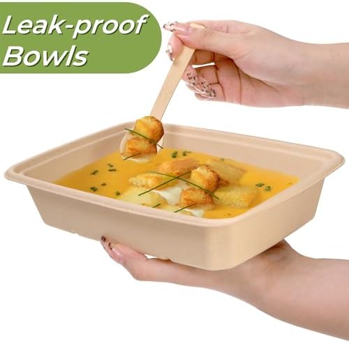 Eorbow 100 Piezas de Tazones Rectangulares de Papel de 32 oz, Tazón Desechable Grande de 9, Plato de Bagazo para Comida Escolar y Catering, Ideal - imagen 3