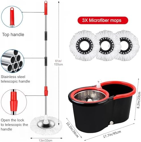 Set de Cubeta y Mopa Giratoria con Escurridor, Sistema de Cubeta 360° con 3 Repuestos de Microfibra, Mango de Acero Inoxidable de 61 para Limpiar - imagen 2