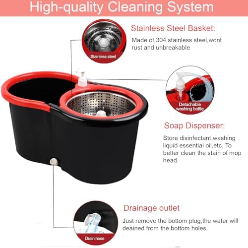 Set de Cubeta y Mopa Giratoria con Escurridor, Sistema de Cubeta 360° con 3 Repuestos de Microfibra, Mango de Acero Inoxidable de 61 para Limpiar - imagen 4