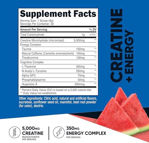 Nutricost Creatina + Energía 30 Porciones (Sabor Sandía) - 5,000mg Creatina Monohidratada + 350mg Complejo Energético por Porción - imagen 2