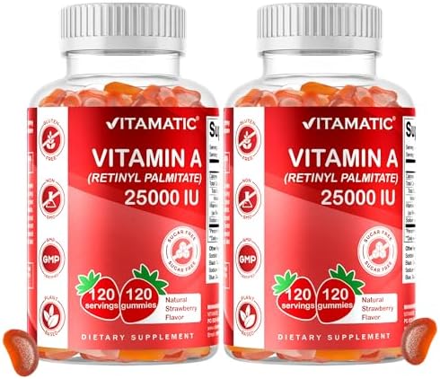 Gomitas Vitamatic Sin Azúcar de Vitamina A 25000 IU (Palmitato de Retinilo) - Sabor Natural a Fresa - 120 Gomitas a Base de Pectina (2 Frascos) - imagen 1