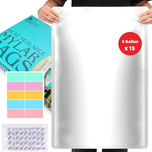 15PCS Bolsas Mylar de 5 Galones con 2500CC de Absorbentes de Oxígeno y Etiquetas, 10.5 Mil de Grosor, 17x 27 Bolsas Selladoras al Vacío para - imagen 1