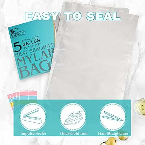 15PCS Bolsas Mylar de 5 Galones con 2500CC de Absorbentes de Oxígeno y Etiquetas, 10.5 Mil de Grosor, 17x 27 Bolsas Selladoras al Vacío para - imagen 3